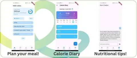 Three screens from the Nutri-Mithu app: meal planning, the calorie diary, and the nutrition chatbot