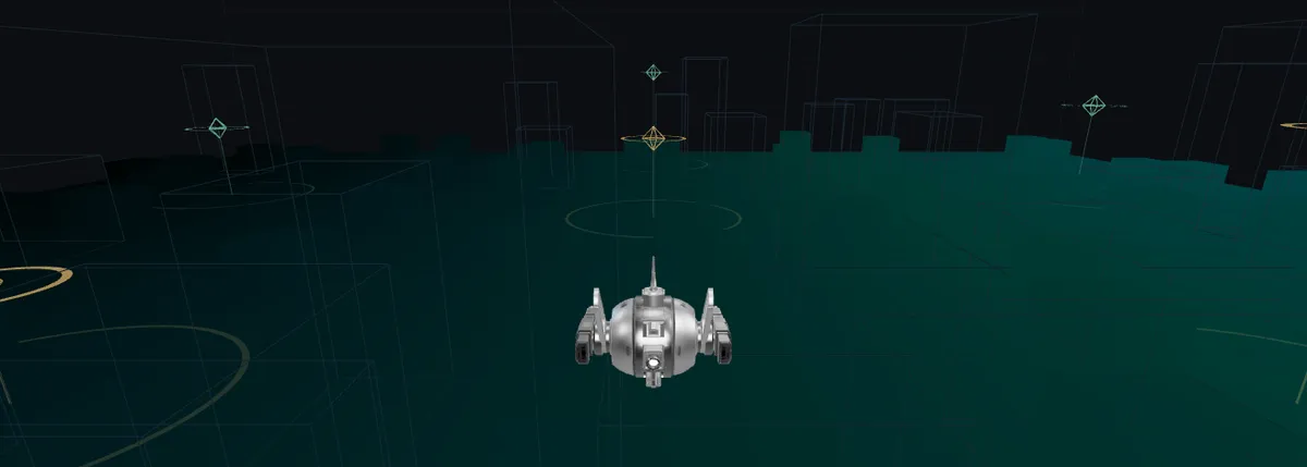 The portfolio rendered as a wireframe world, seen from behind the aircraft you fly through it.